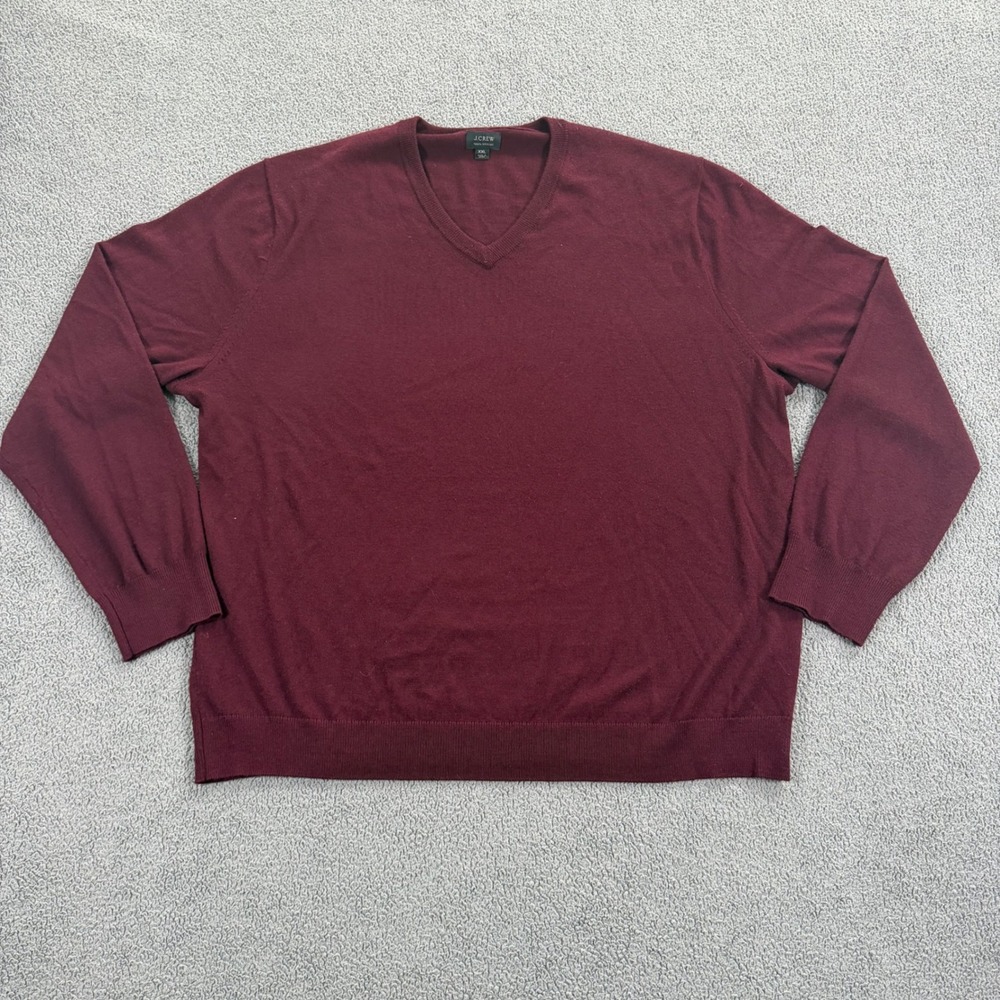 J.Crew Mens XXL Burgundy 100% Merino Wool V-Neck Sweater Maroon Knit